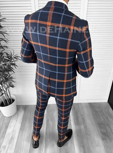 Costum barbati slim fit bleumarin in carouri B7956 92-5